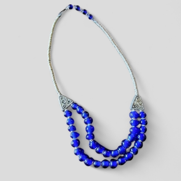 Bright blue and Silver Tone Two Strand Statement Necklace - Picture 1 of 13